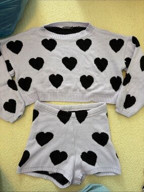 Nasty Gal Black Heart Light Lavender Knit Crop Sweater + Shorts Set